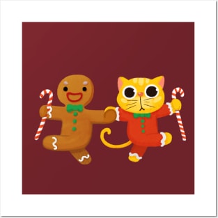 Christmas Cat Dance with Gingerbread Man Posters and Art